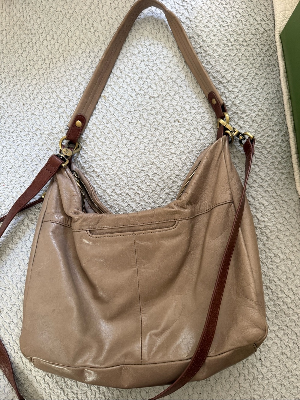 HOBO Taupe Leather Hobo Bag with Brown Straps